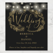 ストリングライトフローラブラックと金ゴールド結婚ズ ワインラベル (シングルラベル)