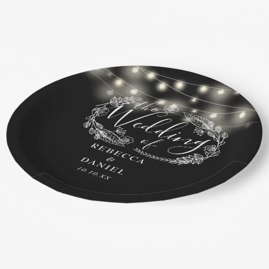 ストリングライトフローラ白黒結婚ズ ペーパープレート (アングル)