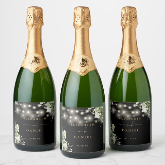 ストリングライトブラック金ゴールドフローラ緑結婚色 スパークリングワインラベル (ボトル)