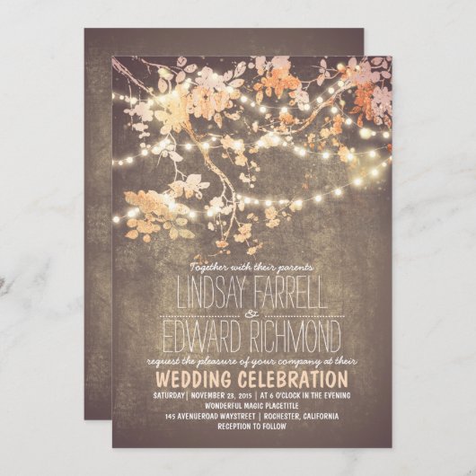 ストリングライトブランチ素朴ヴィンテージ結婚赤面 招待状 (正面/裏面)