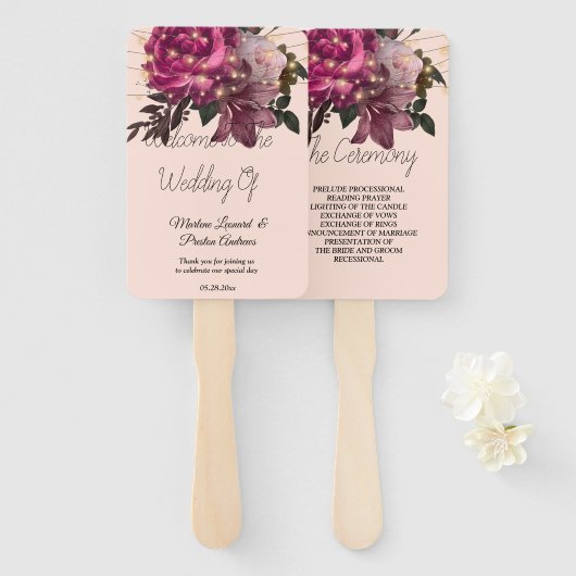 ストリングライトブルゴーニュ結婚ー花の手扇 ハンドファン (正面&裏面)