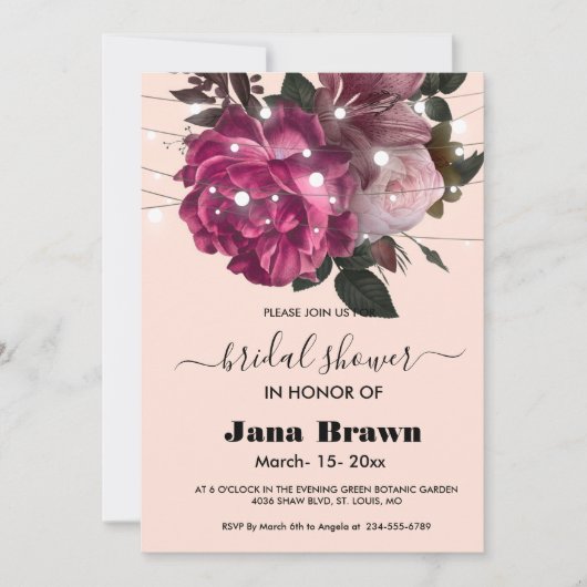 ストリングライトブルゴーニュ花ブライダルシャワー 招待状 (正面)