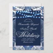 ストリングライトブルーエレガントな結婚式 招待状 (正面)