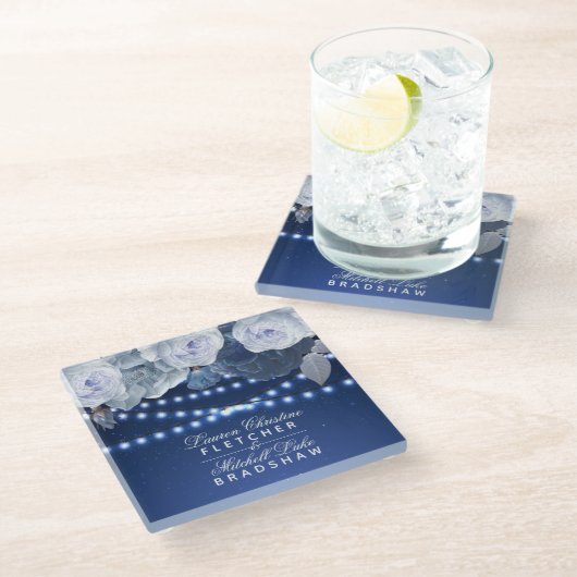 ストリングライトブルーモダンエレガントな結婚式 ガラスコースター (アングル)