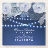 ストリングライトブルーモダンエレガントな結婚式 ガラスコースター (正面)