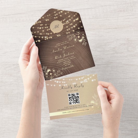 ストリングライトモノグラム結婚のQRコード オールインワン招待状 (貼ってはがせる)