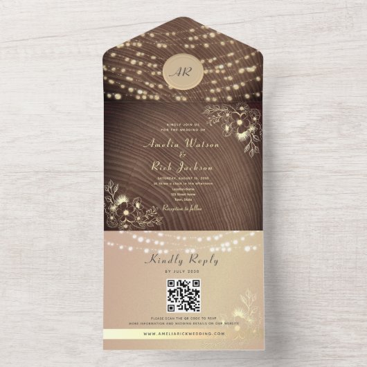 ストリングライトモノグラム結婚のQRコード オールインワン招待状 (内側)