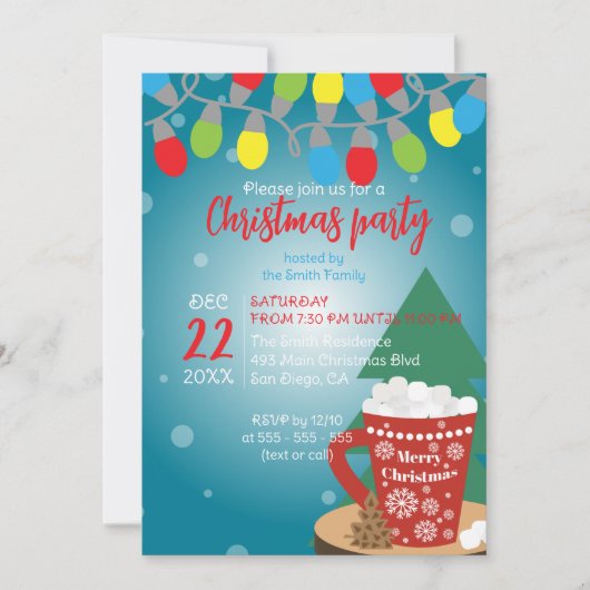 ストリングライトレッドマグコージーウィンタークリスマスパーティー 招待状 (正面)