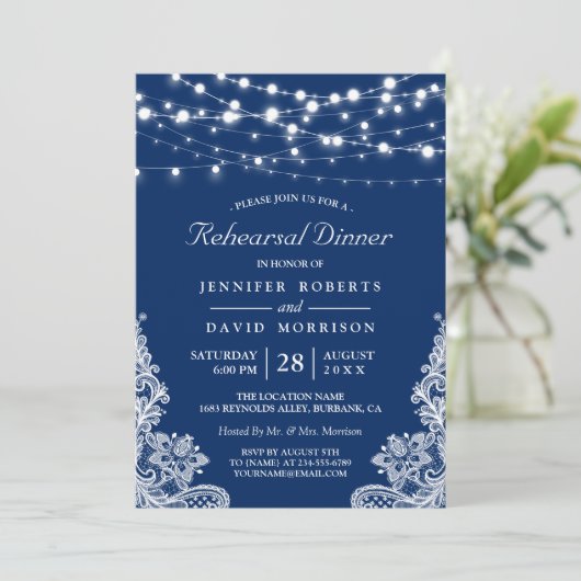 ストリングライトレース結婚ネイビーのリハーサルディナー 招待状 (スタンド正面)