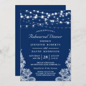 ストリングライトレース結婚ネイビーのリハーサルディナー 招待状 (正面/裏面)