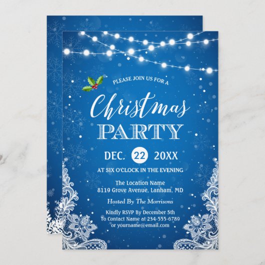 ストリングライトレース雪の結晶ブルークリスマスパーティー 招待状 (正面/裏面)