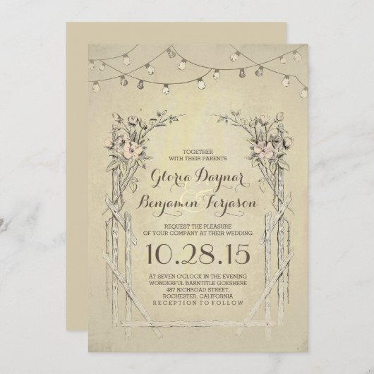 ストリングライト付きビンテージ結婚式の招待状 招待状 (正面/裏面)