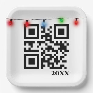 ストリングライト付きメリークリスマスQRコード ペーパープレート
