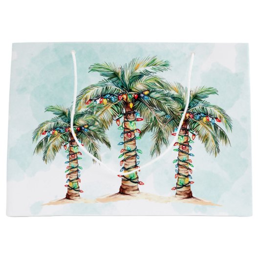 ストリングライト付きヤシの木ビーチ ラージペーパーバッグ (正面)
