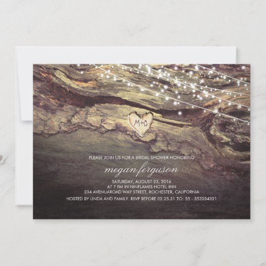 ストリングライト彫りハート素朴ブライダルシャワー 招待状 (正面)