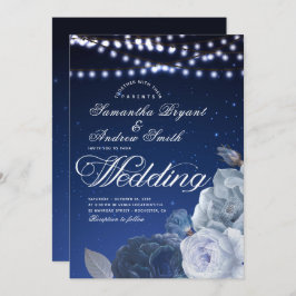 ストリングライト星ブルーエレガントな結婚式 招待状