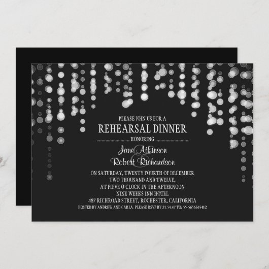 ストリングライト白黒リハーサルディナー 招待状 (正面/裏面)