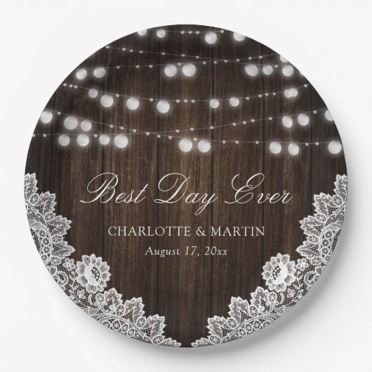 ストリングライト素朴ウッドフローラレース結婚ズ ペーパープレート (正面)