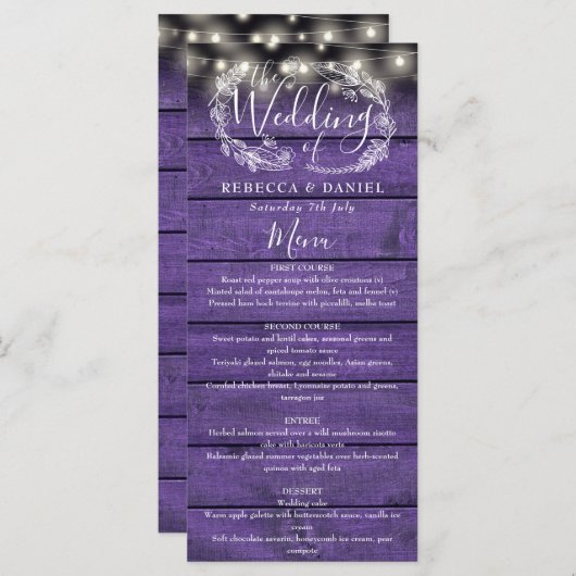 ストリングライト素朴パープルウッドフローラ結婚ズ メニュー (正面/裏面)