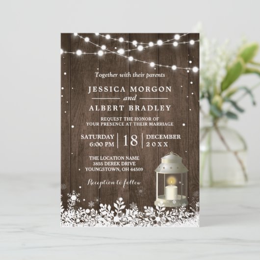 ストリングライト素朴ホワイトランタンウィンターウェディング 招待状 (スタンド正面)