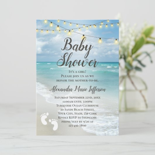 ストリングライト美しいビーチ男の子女の子の赤ちゃんシャワー 招待状 (スタンド正面)