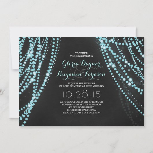 ストリングライト背景ターコイズ結婚チョーク 招待状 (正面)