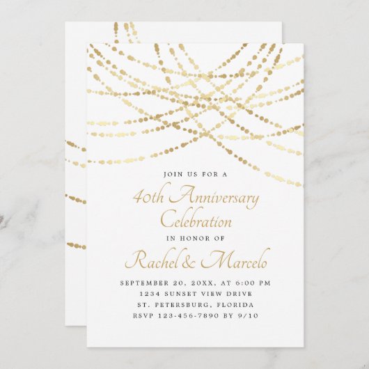 ストリングライト金ゴールドエレガントな結婚記念日 招待状 (正面/裏面)