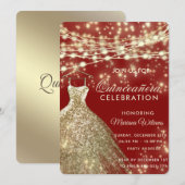 ストリングライト金ゴールドレッドグリッタードレス招待 招待状 (正面/裏面)
