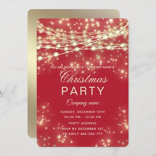 ストリングライト金ゴールド企業のクリスマスパーティー赤 招待状 (正面/裏面)