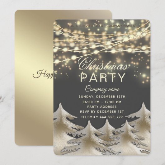 ストリングライト金ゴールド企業のクリスマスパーティー 招待状 (正面/裏面)