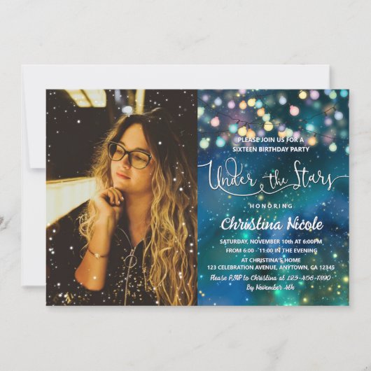 ストリングライト銀河系アンダースターズフォト誕生日 招待状 (正面)