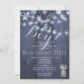 ストリングライト雪のフレーク納屋の木の男の子の赤ちゃんシャワー 招待状 (正面)