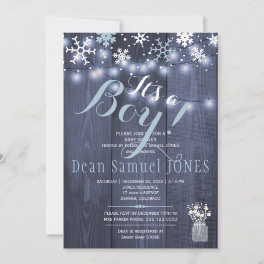 ストリングライト雪のフレーク納屋の木の男の子の赤ちゃんシャワー 招待状 (正面)