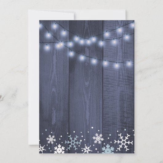 ストリングライト雪のフレーク納屋の木の男の子の赤ちゃんシャワー 招待状 (裏面)
