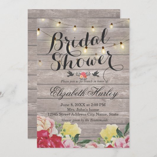 ストリングライト&ウッドフローラ結婚ブライダルシャワー 招待状 (正面/裏面)