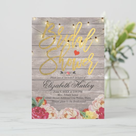ストリングライト&ウッドフローラ結婚ブライダルシャワー 招待状 (スタンド正面)
