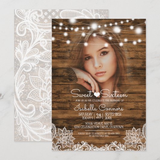 ストリングライト ウッド アンド レース スイート16 パーティー 招待状 (正面/裏面)