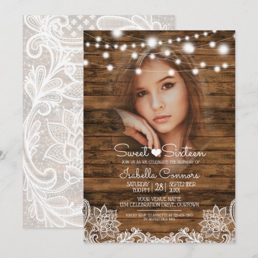 ストリングライト ウッド＆レース スイート16 パーティー 招待状 (正面/裏面)