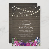 ストリングライト & ウッド | 花の大人誕生日パーティー 招待状 (正面/裏面)