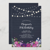 ストリングライト & ウッド | 花の大人誕生日パーティー 招待状 (正面/裏面)