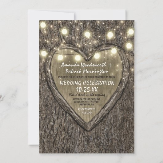 ストリングライト+オーク材の樹皮結婚式招待状 招待状 (正面)