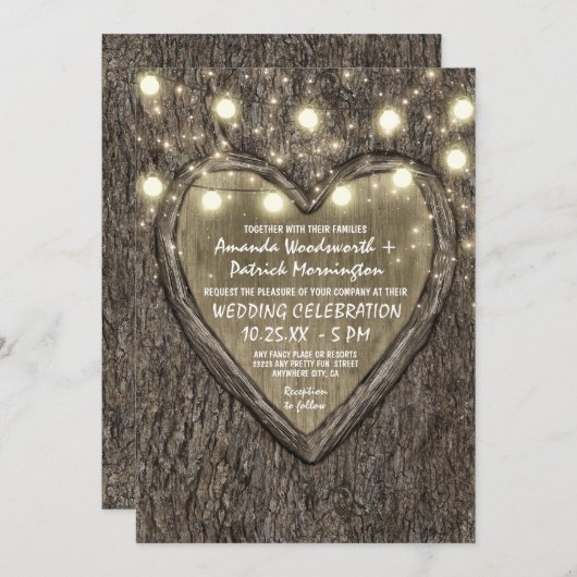ストリングライト+オーク材の樹皮結婚式招待状 招待状 (正面/裏面)
