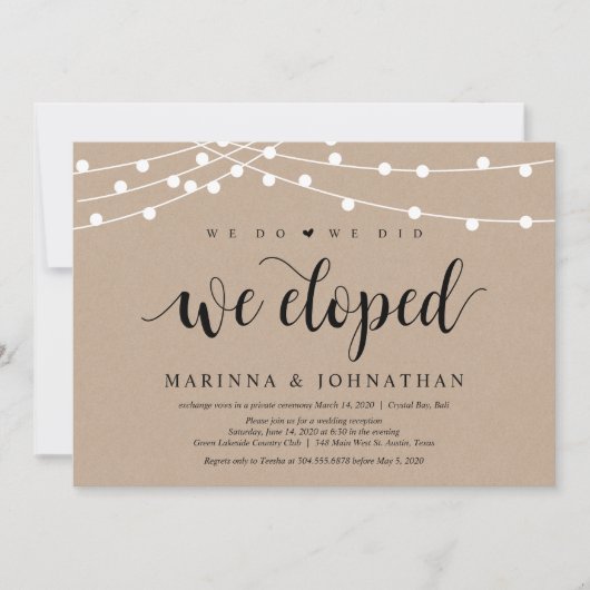 ストリングライト クラフト, 黒フォント, 結婚式の秘密結婚 招待状 (正面)