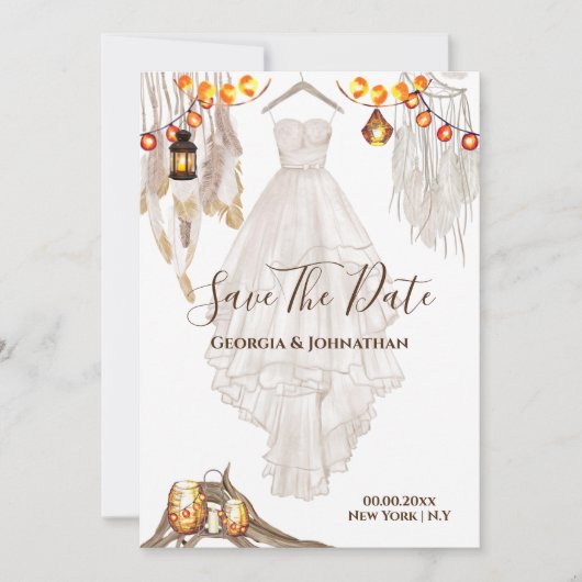 ストリングライト フェザー ボヘミア マクラメ ランタン ウェディング セーブザデート (正面)