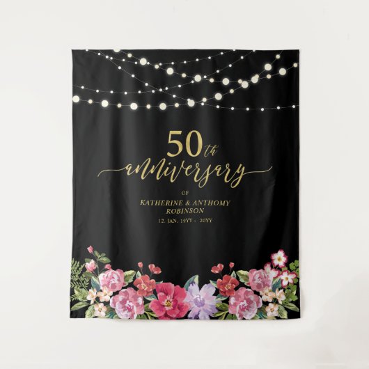 ストリングライト&フラワー 50周年記念 結婚式 タペストリー (正面)