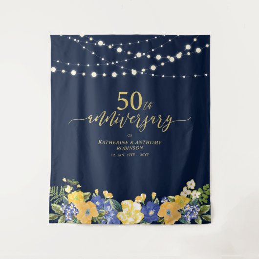 ストリングライト&フラワー 50周年記念 結婚式T タペストリー (正面)