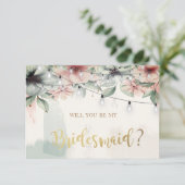 ストリングライト、ブラシストローク、フローラブライドメイドカード 招待状 (スタンド正面)