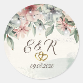 ストリングライト、ブラシストローク、フローラ結婚ハート ラウンドシール