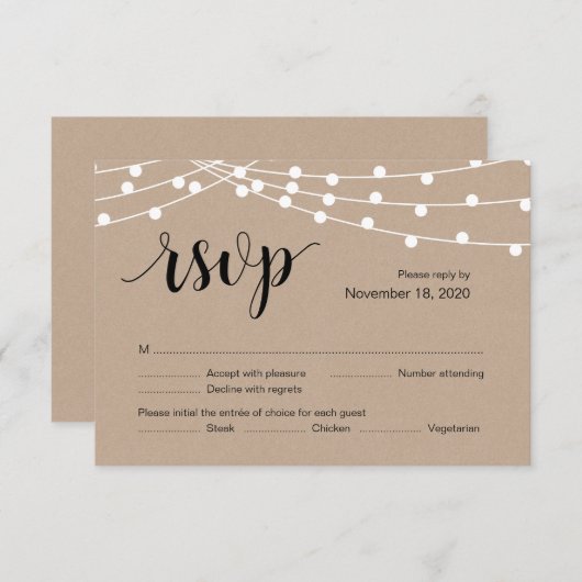 ストリングライト, ブラックフォントカラー, ウェディングRSVPカード エンクロージャーカード (正面/裏面)