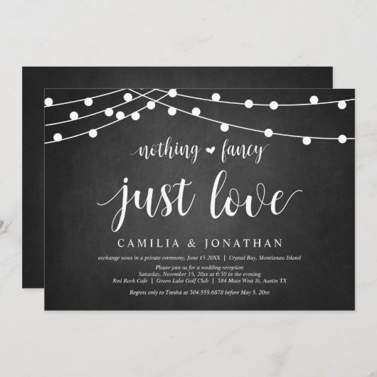 ストリングライト、ブラックボード、ウェディングエロープメントパーティ 招待状 (正面/裏面)